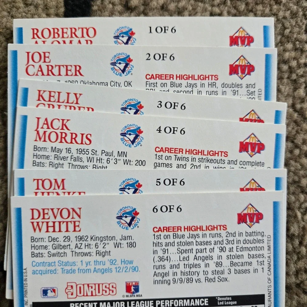 1992 Donruss McDonalds Toronto Blue Jays MVP Set 1-6 Alomar Carter Morris Henke